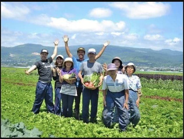 北斗市の畑で収穫した野菜を手に集まる白石農園のスタッフたち